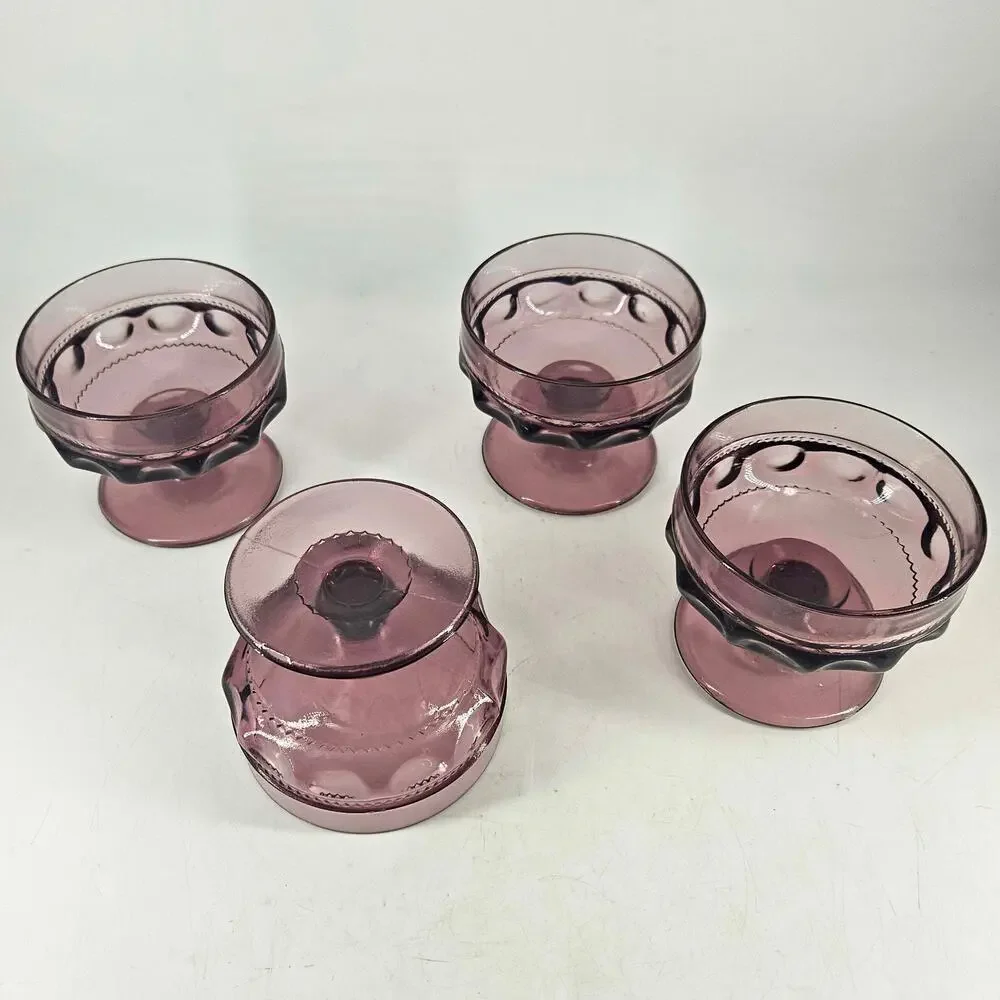 4 MCM Indiana Glass Kings Crown Thumbprint Plum Amethyst Sherbet Compotes